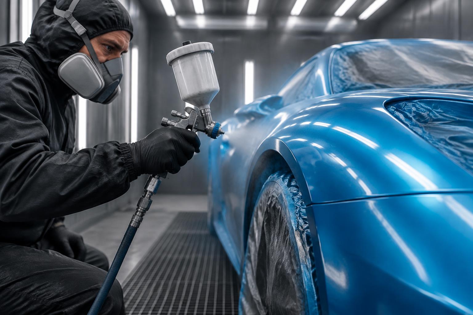 Illustration of a painter carefully refinishing a blue automotive panel